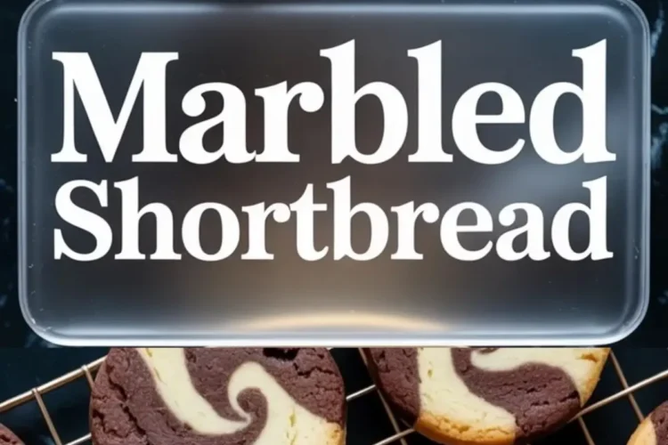 Vertical collage shows spiral chocolate vanilla marbled shortbread cookies arranged on a cooling rack on top and buttery marbled shortbread cookie halves that reveal the swirl pattern on a plate with text overlay reading Marbled Shortbread.