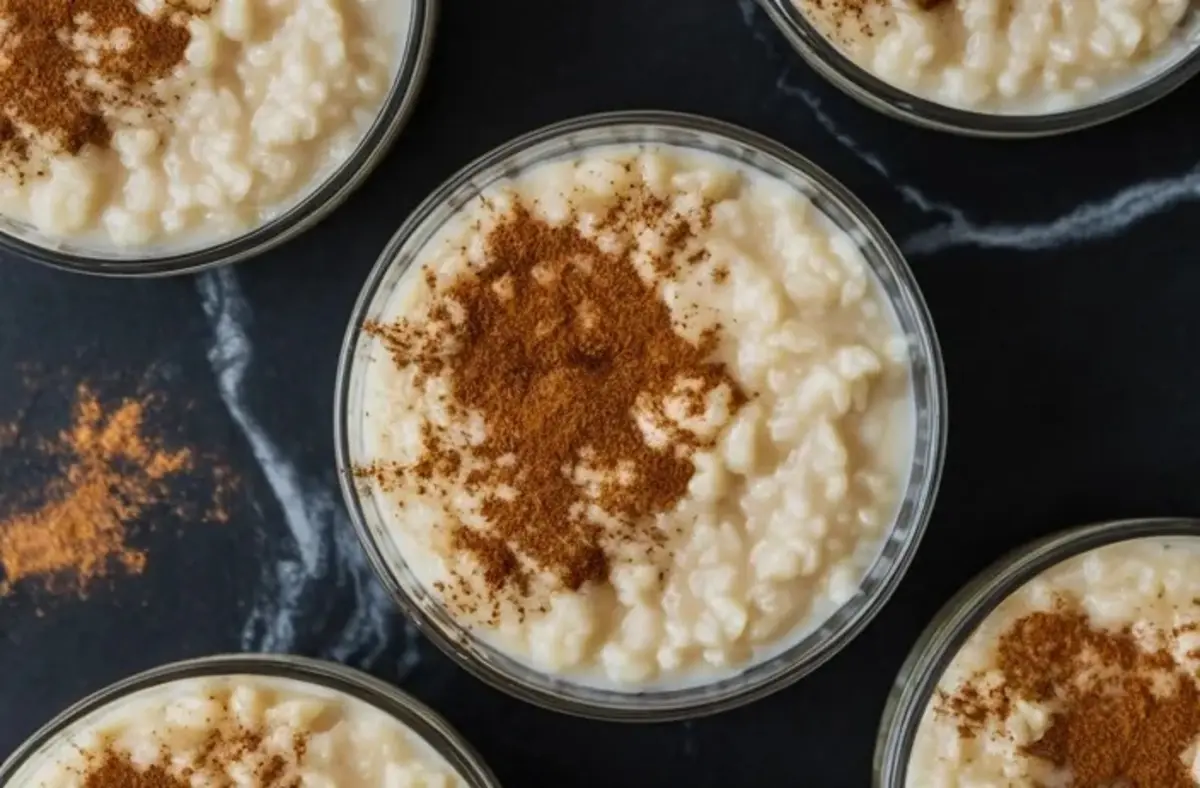 Glass bowls hold creamy rice pudding topped with ground cinnamon on a dark marble surface. The pudding shows soft rice grains in thick custard, and the cinnamon adds warm spice color and texture. This homemade rice pudding dessert features simple ingredients and a classic comfort food style.
