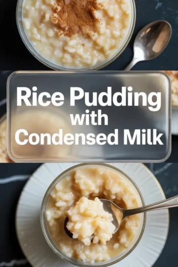 Top section shows a glass bowl of rice pudding sprinkled with cinnamon beside a spoon. Center text reads “Rice Pudding with Condensed Milk.” Bottom section shows a spoon lifting thick and creamy rice pudding from a glass bowl on a white plate. This vertical food collage highlights a rich baked rice pudding recipe made with sweetened condensed milk.