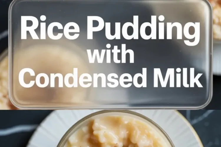 Top section shows a glass bowl of rice pudding sprinkled with cinnamon beside a spoon. Center text reads “Rice Pudding with Condensed Milk.” Bottom section shows a spoon lifting thick and creamy rice pudding from a glass bowl on a white plate. This vertical food collage highlights a rich baked rice pudding recipe made with sweetened condensed milk.