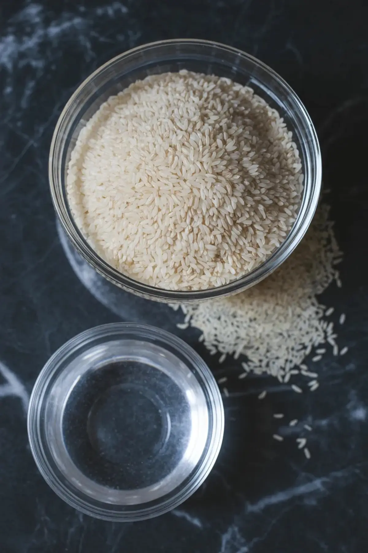 A clear glass bowl holds uncooked short grain white rice on a dark marble countertop. Loose rice grains scatter beside the bowl, and a small empty glass bowl sits nearby. This ingredient photo shows rice prepared for a homemade rice pudding recipe.
