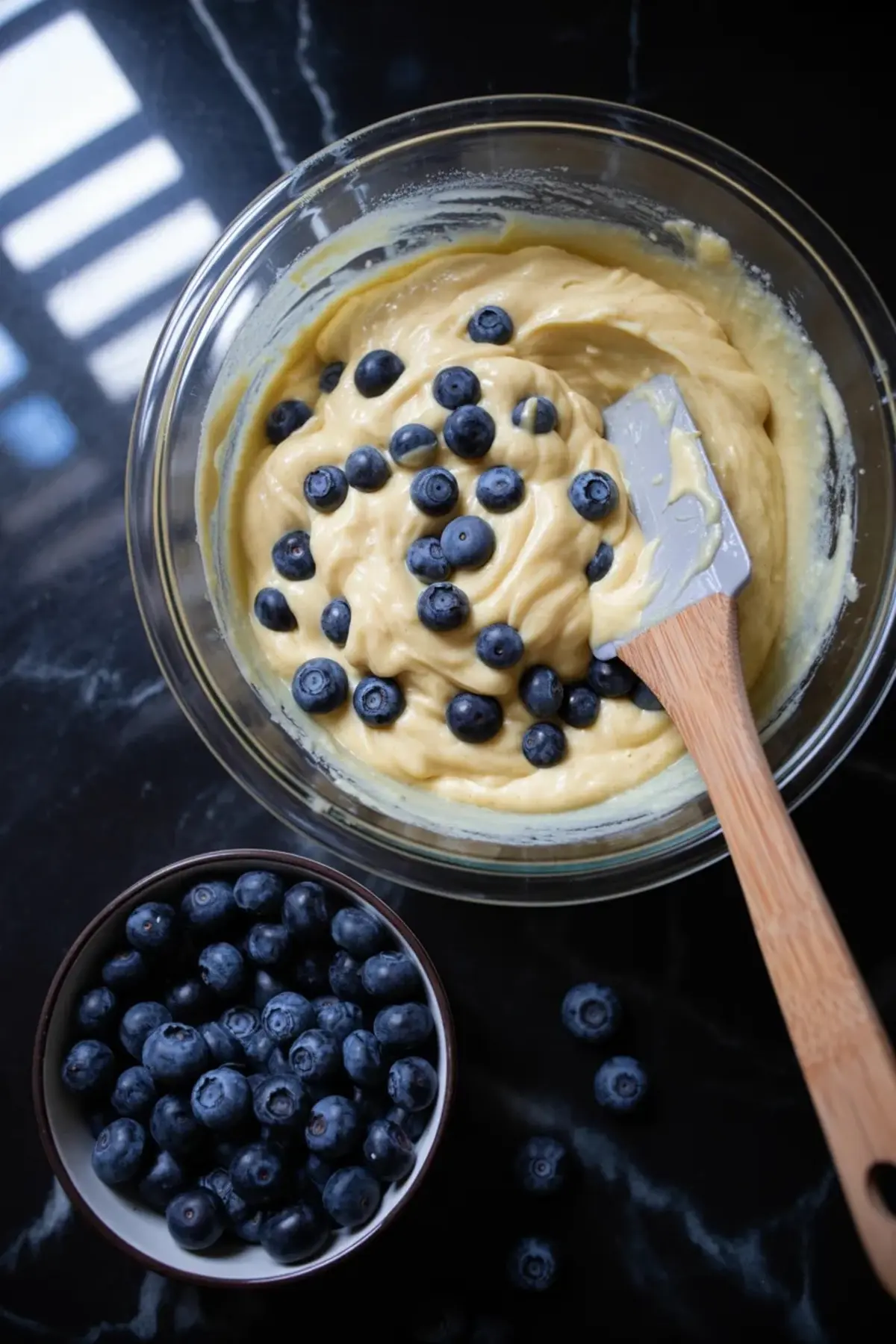 Fresh blueberries are folded into thick blueberry coffee cake batter in a glass bowl with a spatula.