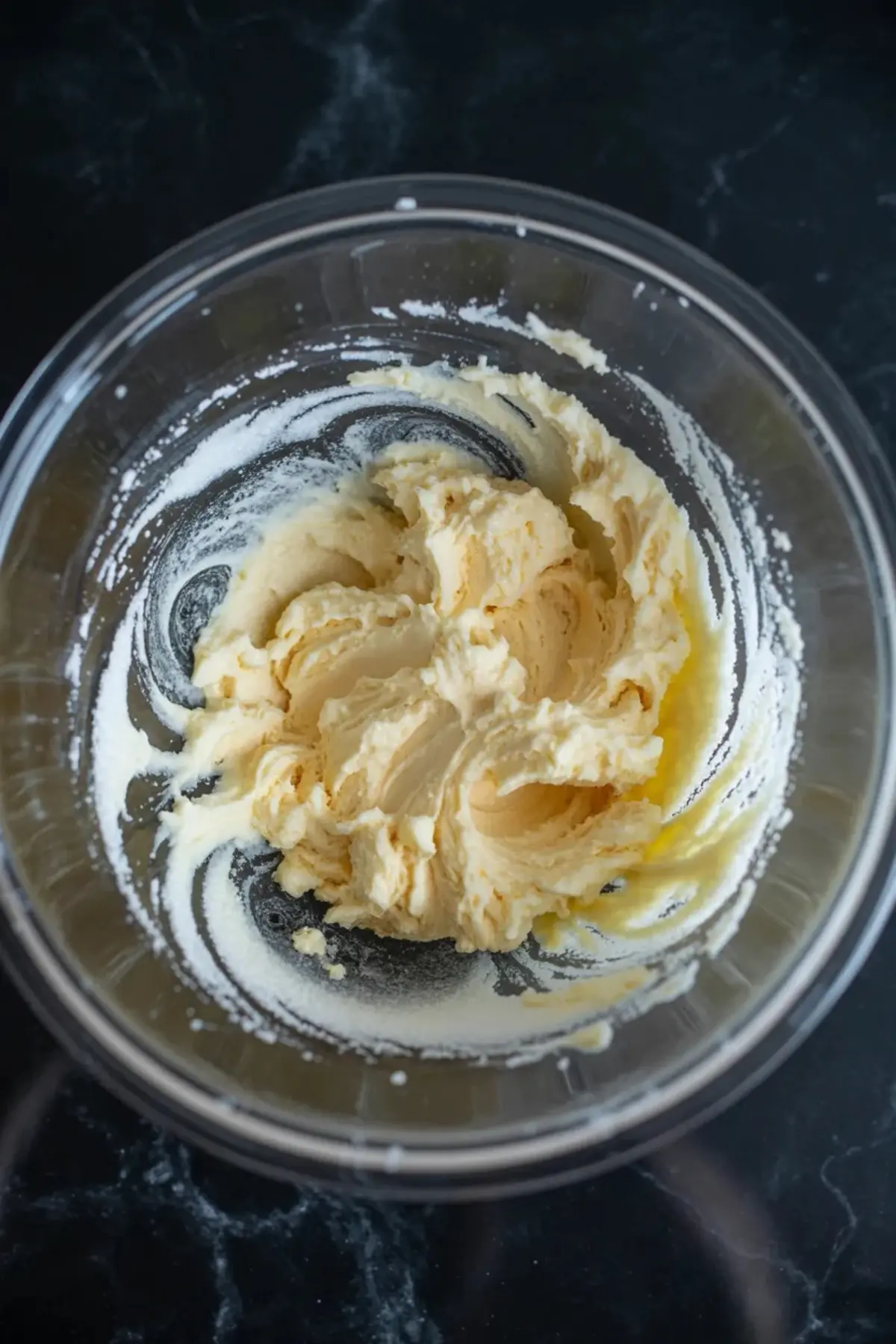 Butter and sugar are creamed together in a clear mixing bowl for the blueberry coffee cake batter.