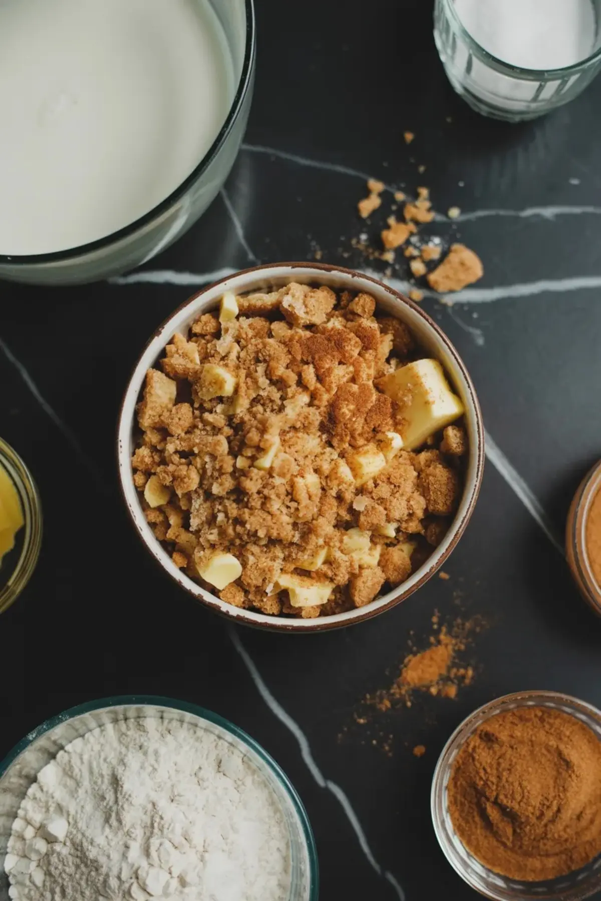A bowl of cinnamon streusel for blueberry coffee cake sits surrounded by flour, butter, cinnamon, and sugar on a black marble surface.