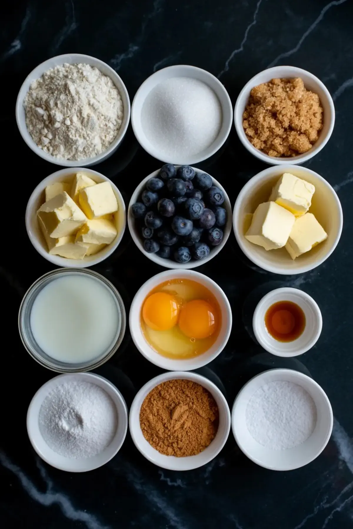 Measured ingredients for blueberry coffee cake are arranged in white bowls with flour, sugars, butter, blueberries, eggs, milk, vanilla, baking powder, and salt.