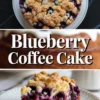 A whole blueberry coffee cake sits on a white plate with golden streusel topping and baked blueberries showing through the surface.