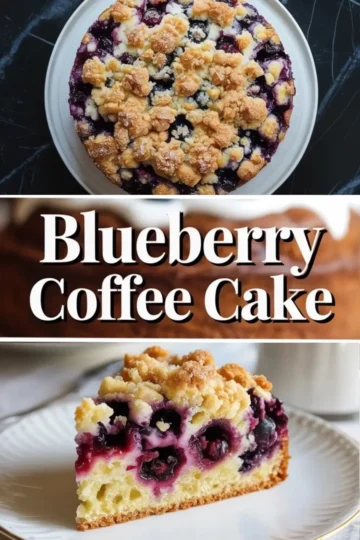 A whole blueberry coffee cake sits on a white plate with golden streusel topping and baked blueberries showing through the surface.