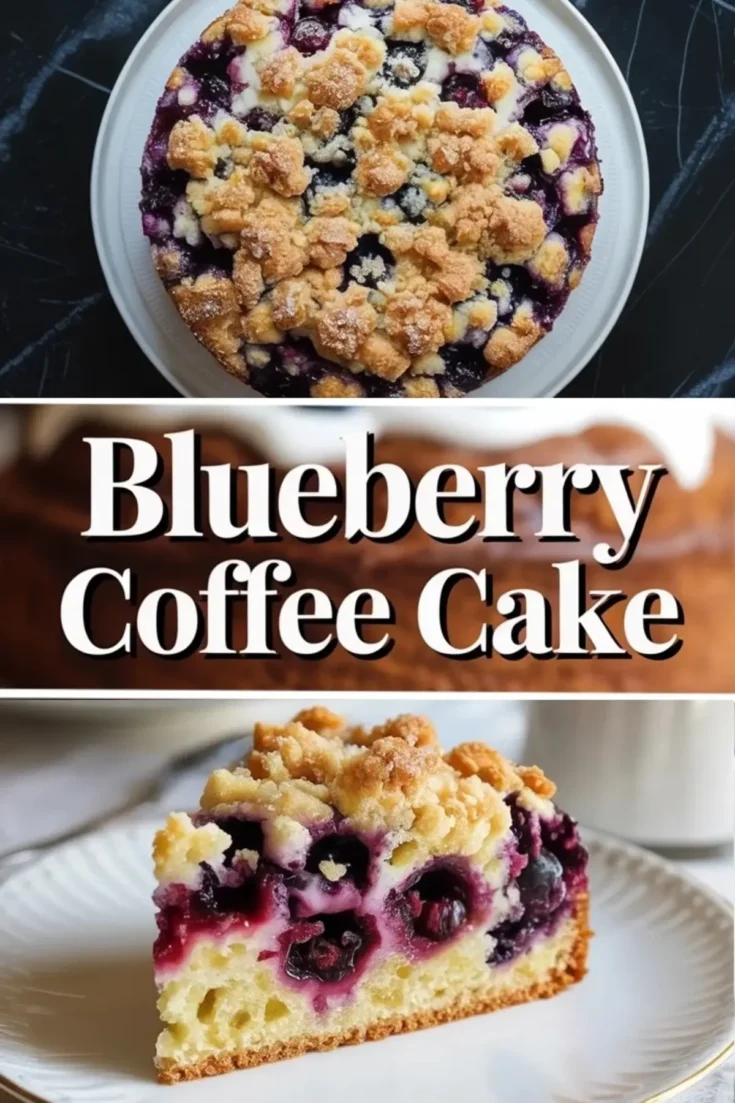 A whole blueberry coffee cake sits on a white plate with golden streusel topping and baked blueberries showing through the surface.