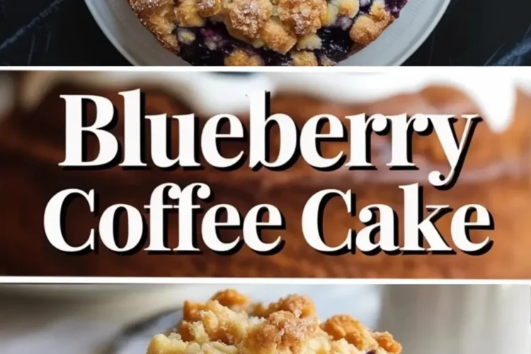 A whole blueberry coffee cake sits on a white plate with golden streusel topping and baked blueberries showing through the surface.