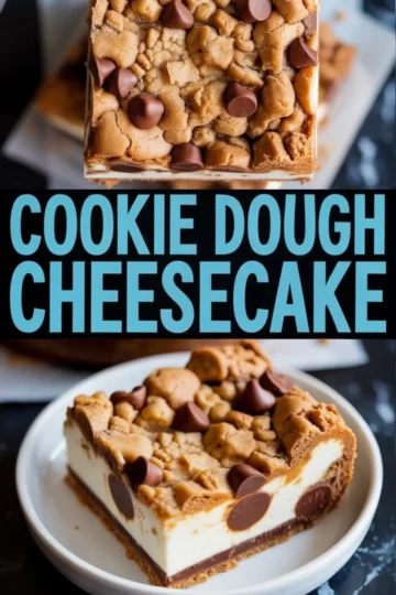 Pinterest-style cookie dough cheesecake graphic with a close overhead bar at the top, bold title text in the center, and a plated cheesecake slice at the bottom.