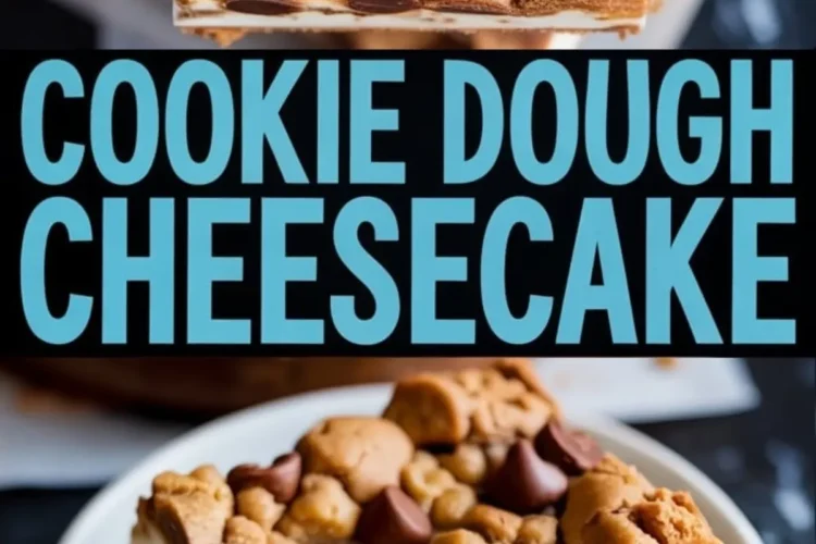 Pinterest-style cookie dough cheesecake graphic with a close overhead bar at the top, bold title text in the center, and a plated cheesecake slice at the bottom.