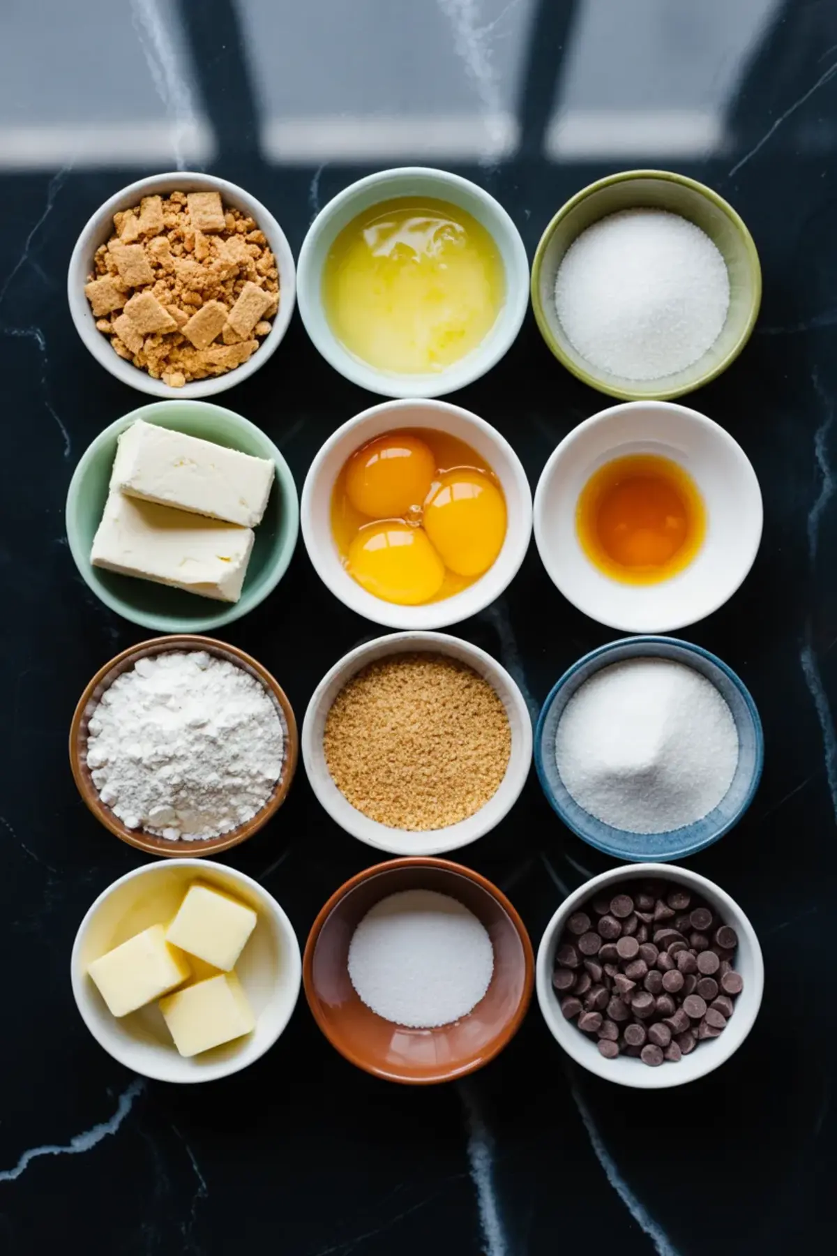Ingredients for cookie dough cheesecake arranged in small bowls with graham crumbs, cream cheese, eggs, sugars, butter, vanilla, and chocolate chips on black marble.