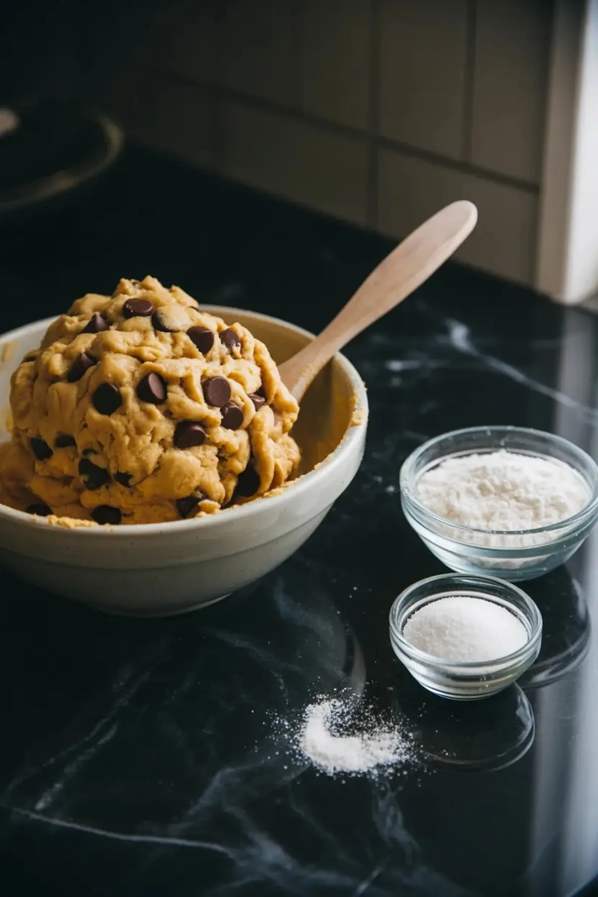 Bowl of chocolate chip cookie dough for cookie dough cheesecake with small bowls of flour and sugar on a black marble counter.