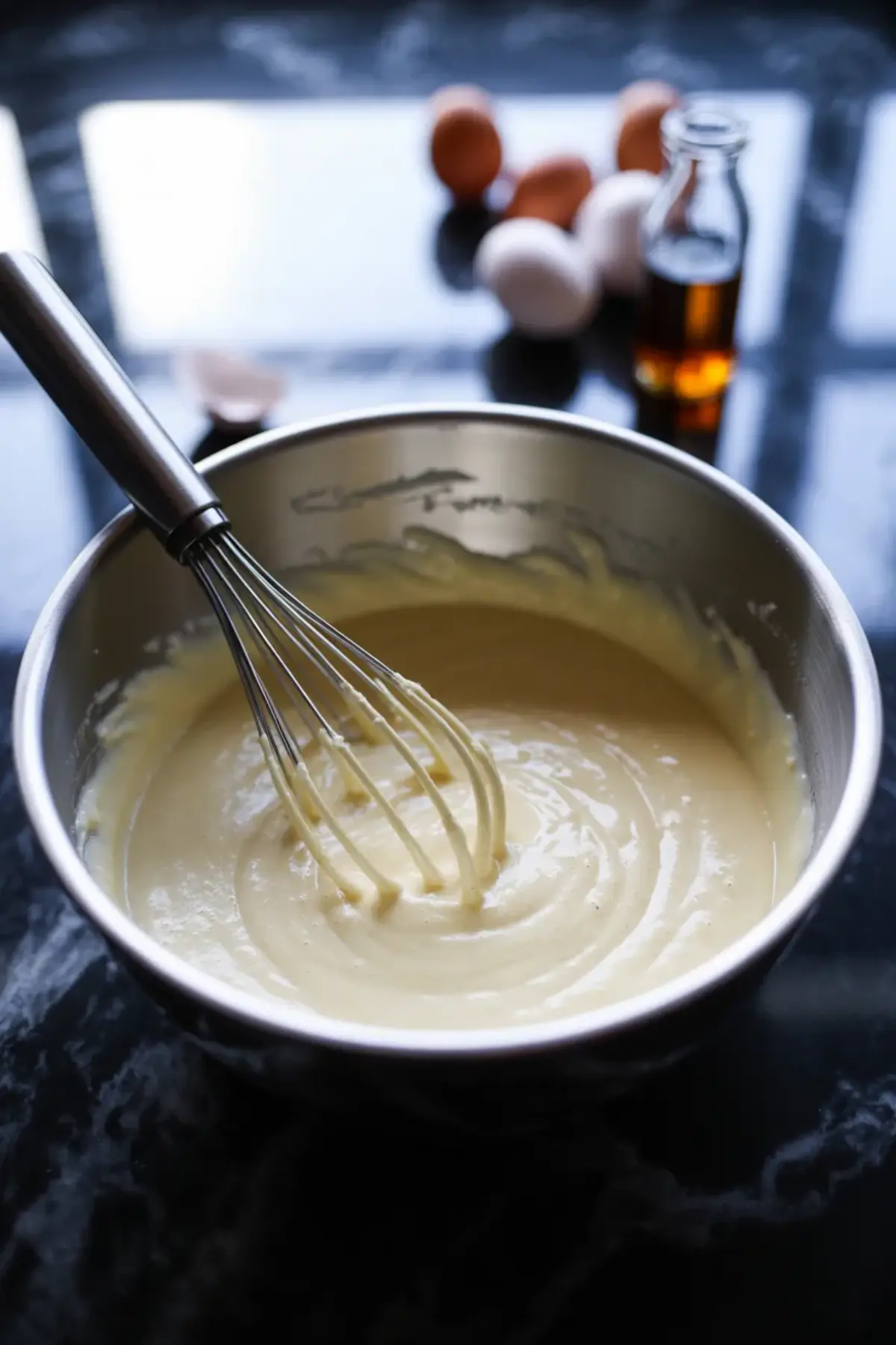 Smooth cheesecake filling being whisked in a metal bowl for cookie dough cheesecake with eggs and vanilla blurred in the background.