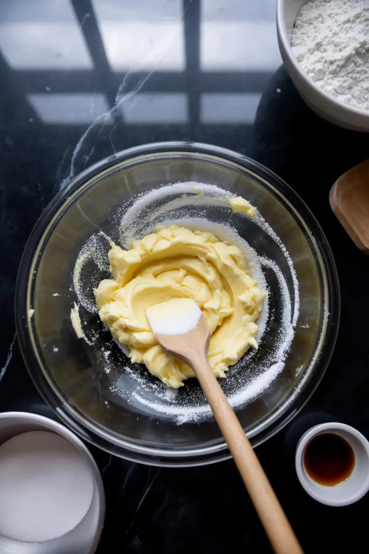 Glass mixing bowl holds creamed butter and sugar while a wooden spoon mixes the dough on a dark marble countertop with small bowls of flour, milk, and vanilla for a shortbread cookie recipe.
