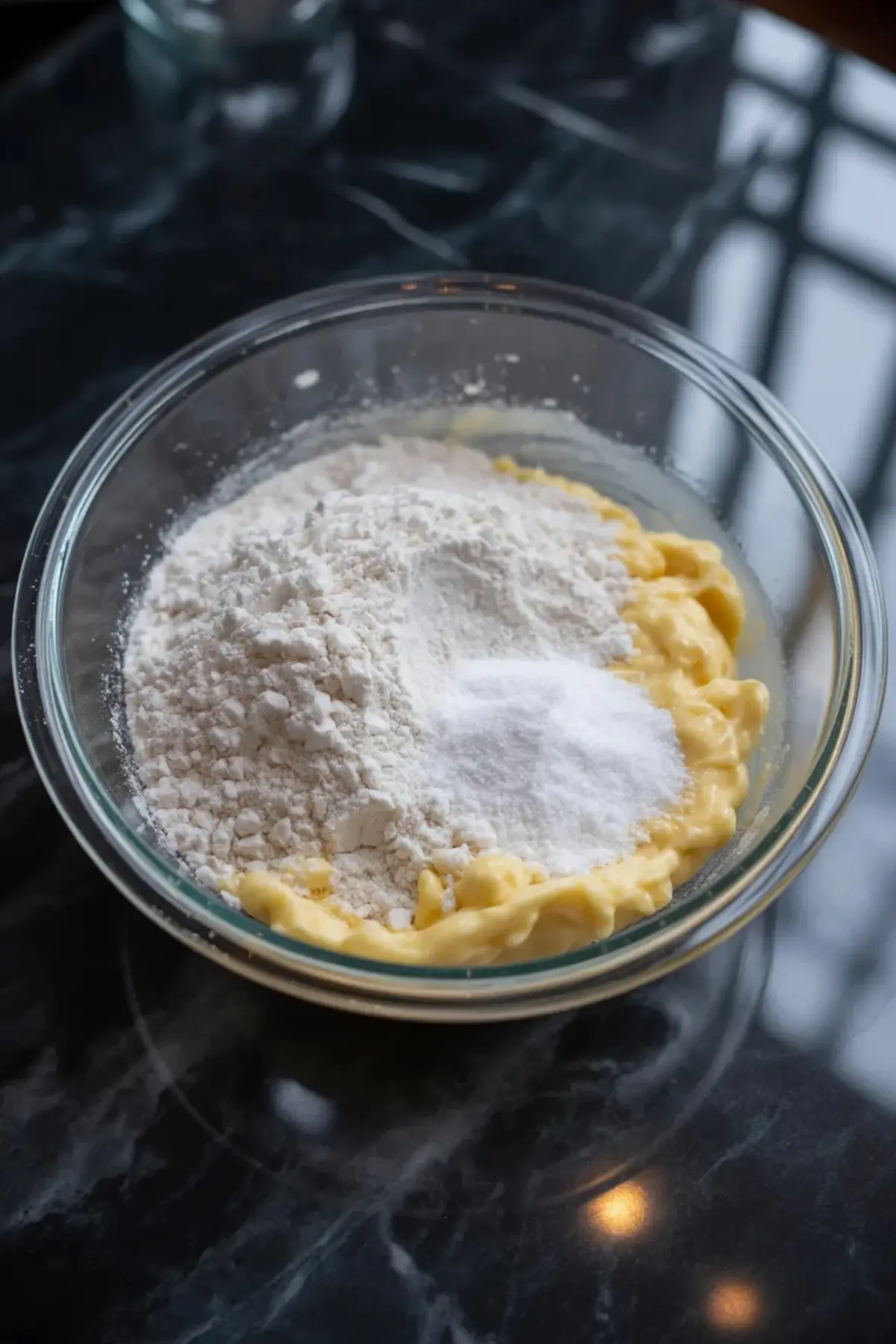 Glass bowl holds creamed butter mixture topped with flour and sugar during shortbread cookie dough preparation on a dark marble kitchen counter.