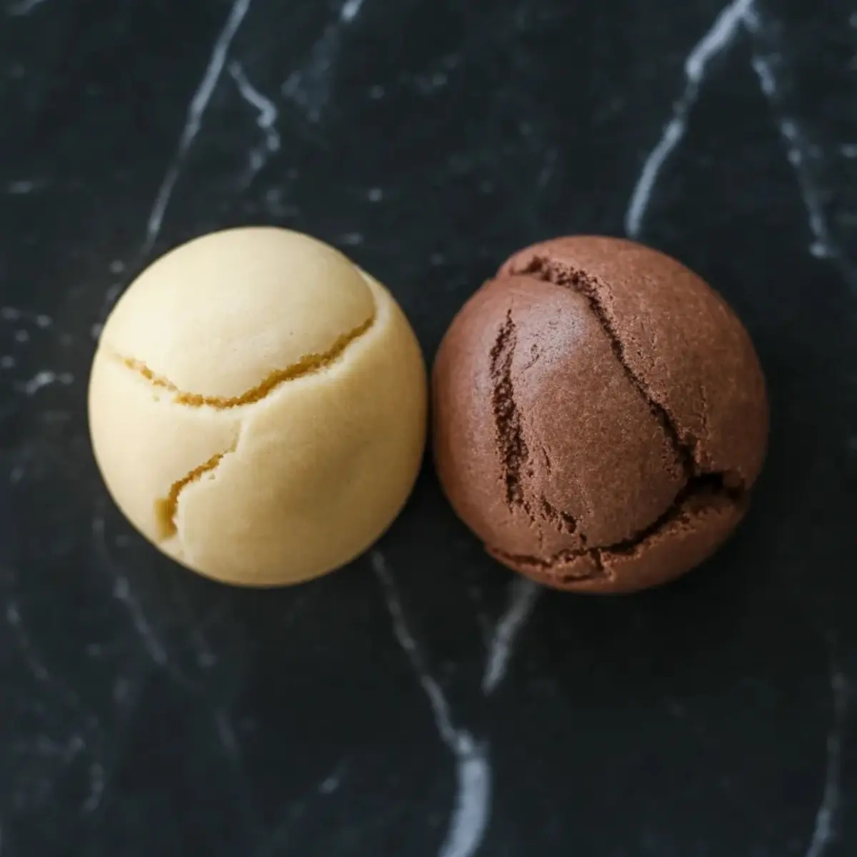Vanilla dough ball and chocolate dough ball sit side by side on a dark marble surface for marbled shortbread cookie dough preparation.