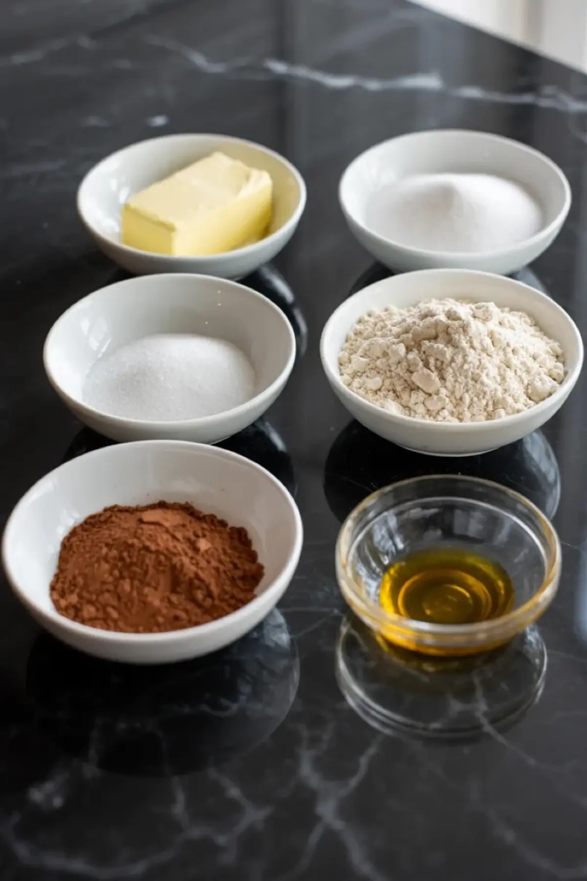 Small bowls hold butter, sugar, flour, cocoa powder, and vanilla extract arranged on a dark marble countertop for marbled shortbread cookie ingredients.