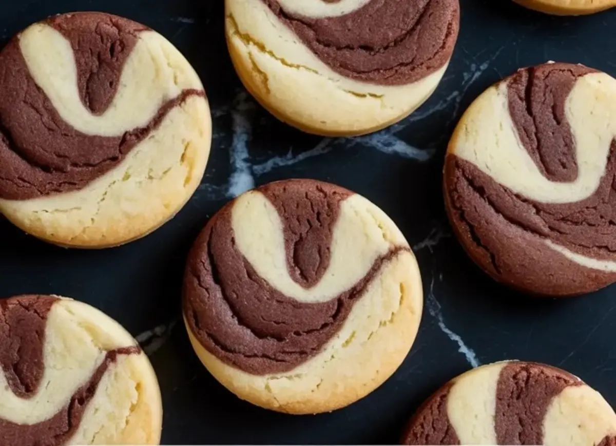 Round marbled shortbread cookies with chocolate and vanilla swirl pattern sit on a dark marble surface showing baked butter cookie texture and crackled tops.