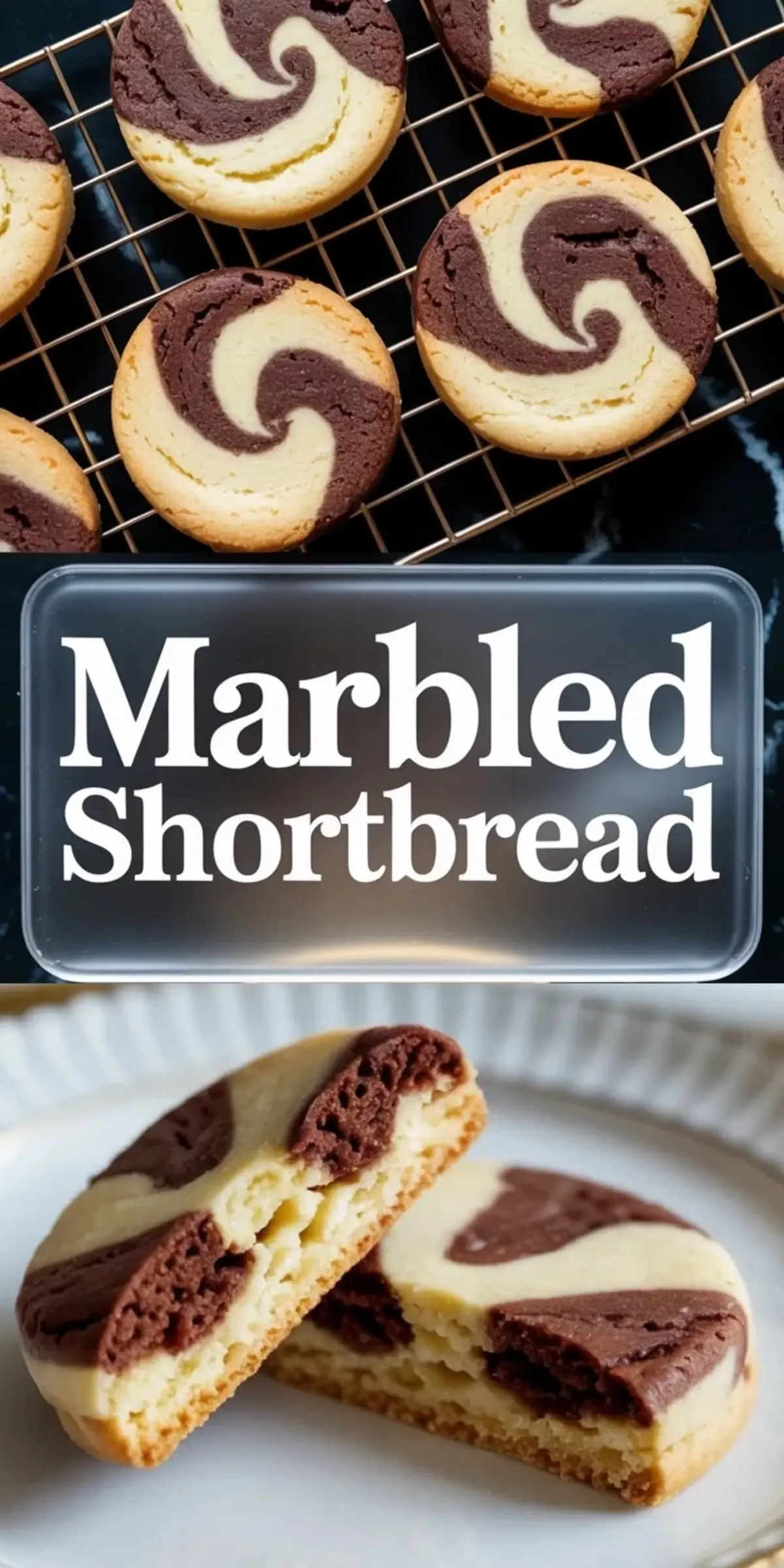 Vertical collage shows chocolate vanilla swirl marbled shortbread cookies cooling on a wire rack on top and two marbled shortbread cookies broken in half on a white plate with text overlay reading Marbled Shortbread.