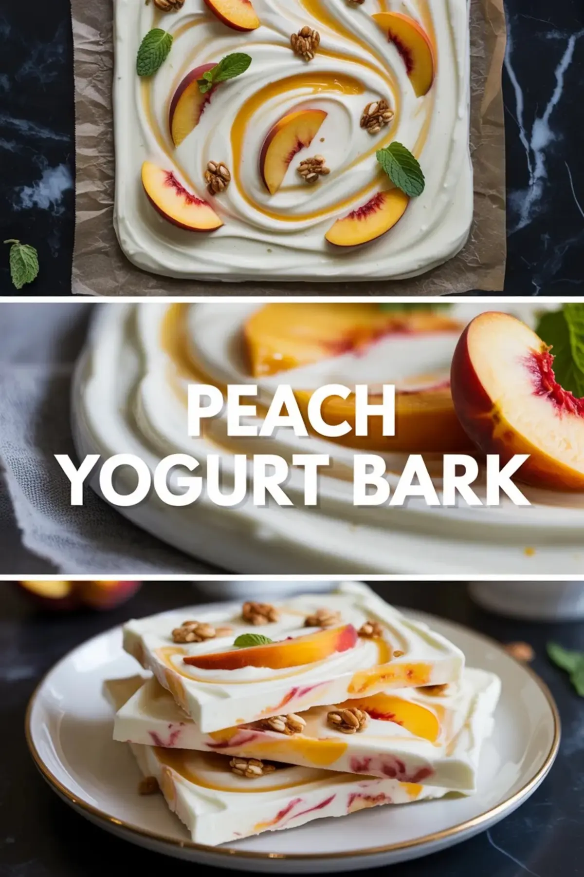Collage of peach yogurt bark showing the prepared tray and plated frozen yogurt bark pieces with peach and granola topping.