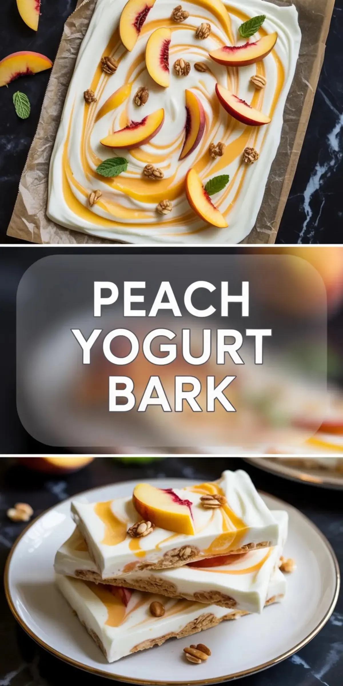 Collage of peach yogurt bark showing the full tray and stacked frozen pieces with peach slices and honey swirls.