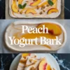 Peach yogurt bark is spread on a parchment-lined tray with peach slices, honey swirls, mint, and crunchy topping scattered across the surface.