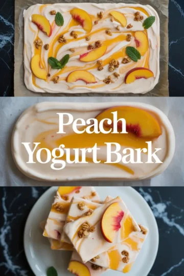 Peach yogurt bark is spread on a parchment-lined tray with peach slices, honey swirls, mint, and crunchy topping scattered across the surface.