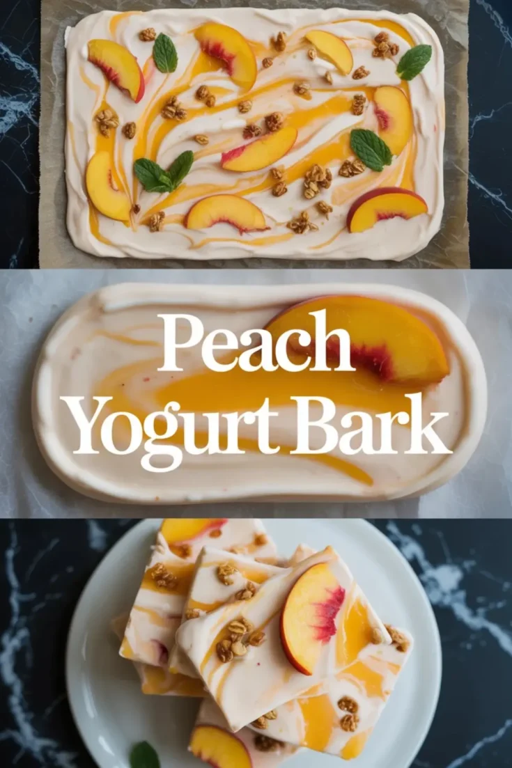 Peach yogurt bark is spread on a parchment-lined tray with peach slices, honey swirls, mint, and crunchy topping scattered across the surface.