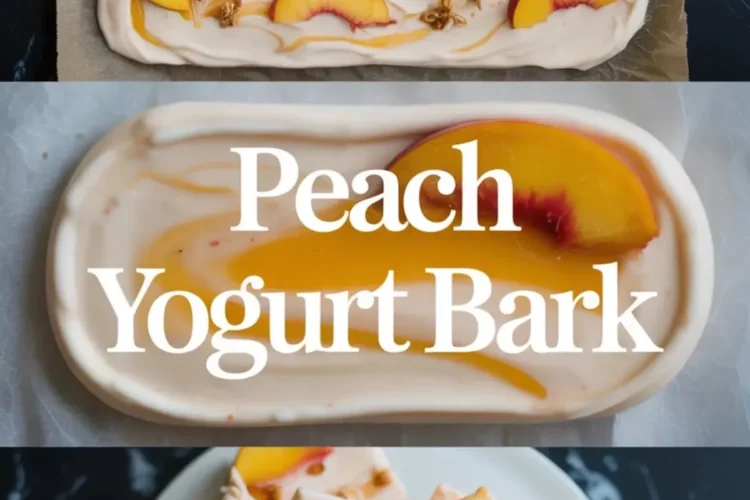 Peach yogurt bark is spread on a parchment-lined tray with peach slices, honey swirls, mint, and crunchy topping scattered across the surface.