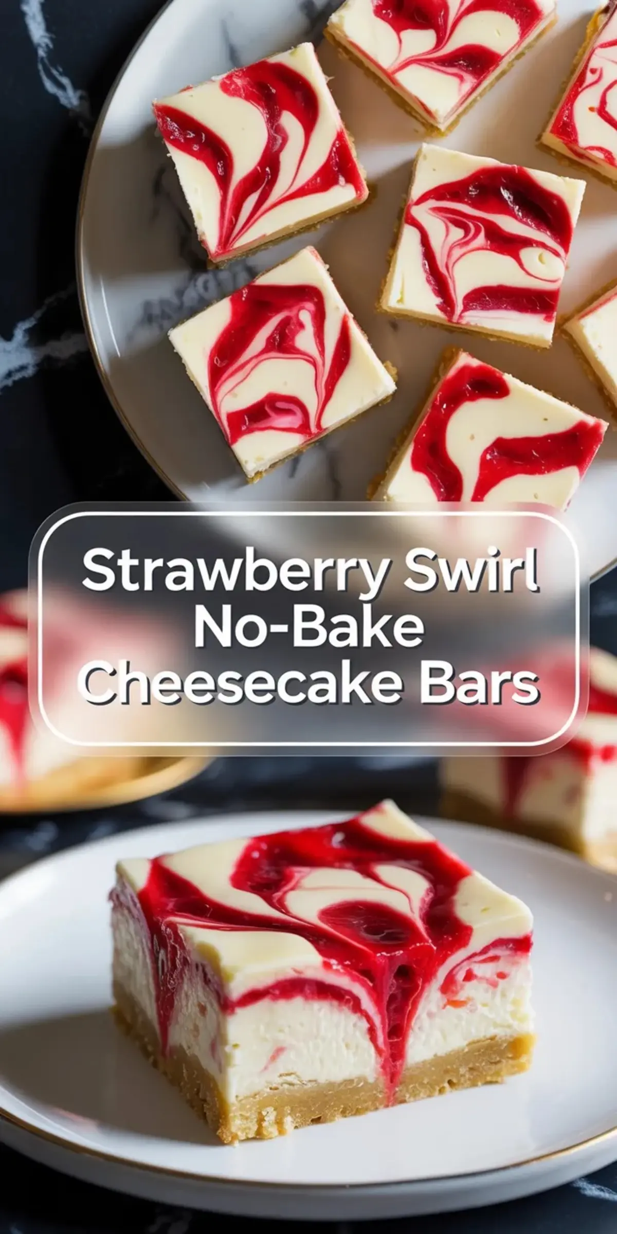 Collage of strawberry swirl no-bake cheesecake bars showing the cut bars in a pan and a plated bar with bright strawberry swirl.