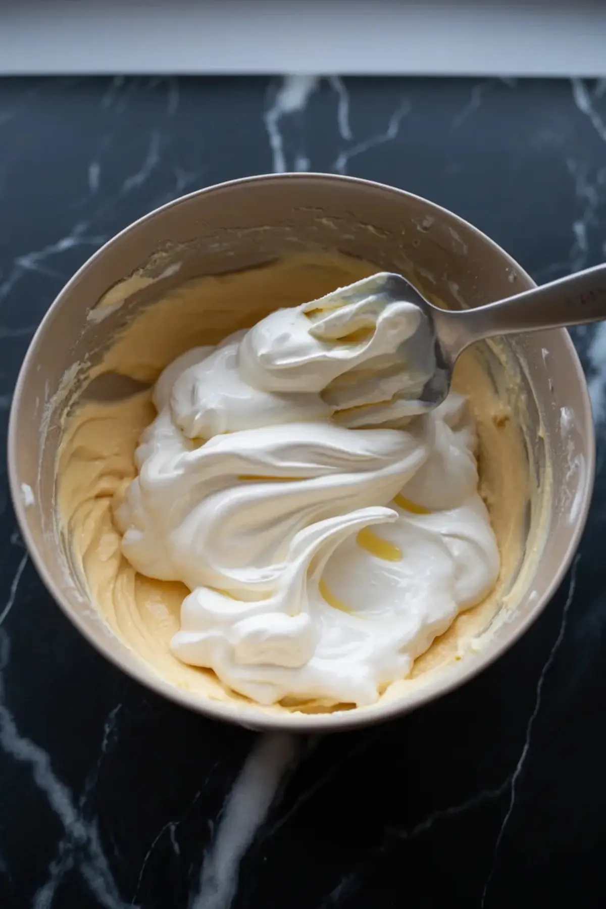 Whipped cream is folded into the cheesecake mixture for strawberry swirl no-bake cheesecake bars in a mixing bowl.