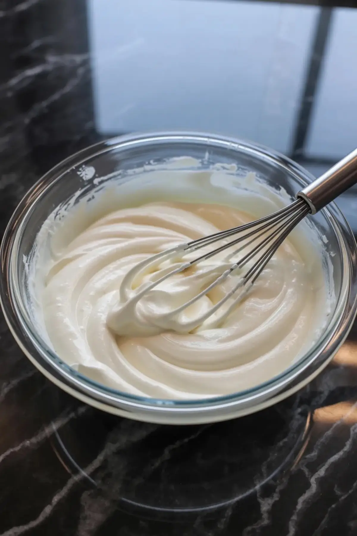 Smooth no-bake cheesecake filling is whisked in a glass bowl for strawberry swirl cheesecake bars.