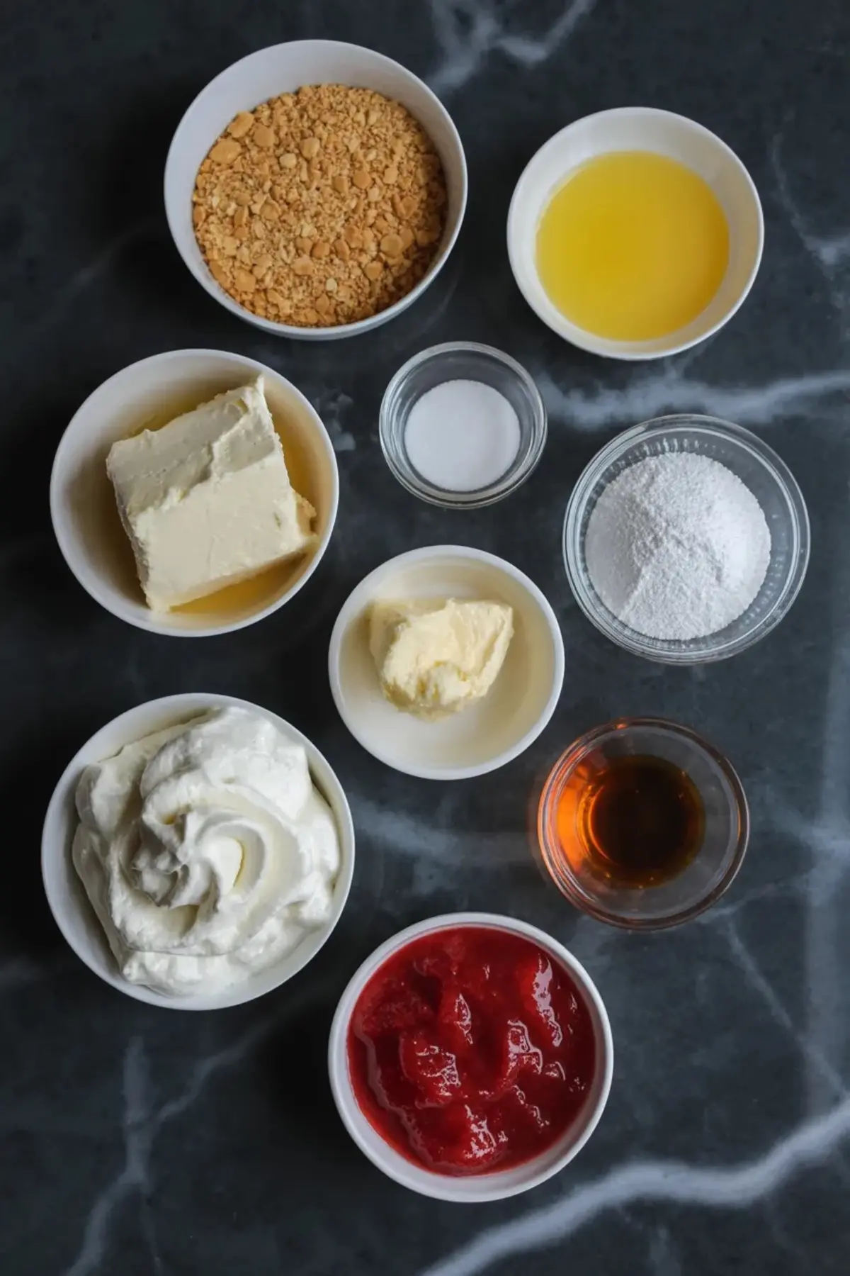 Ingredients for strawberry swirl no-bake cheesecake bars are arranged in bowls with graham crumbs, cream cheese, whipped cream, butter, powdered sugar, vanilla, and strawberry sauce on a dark marble surface.
