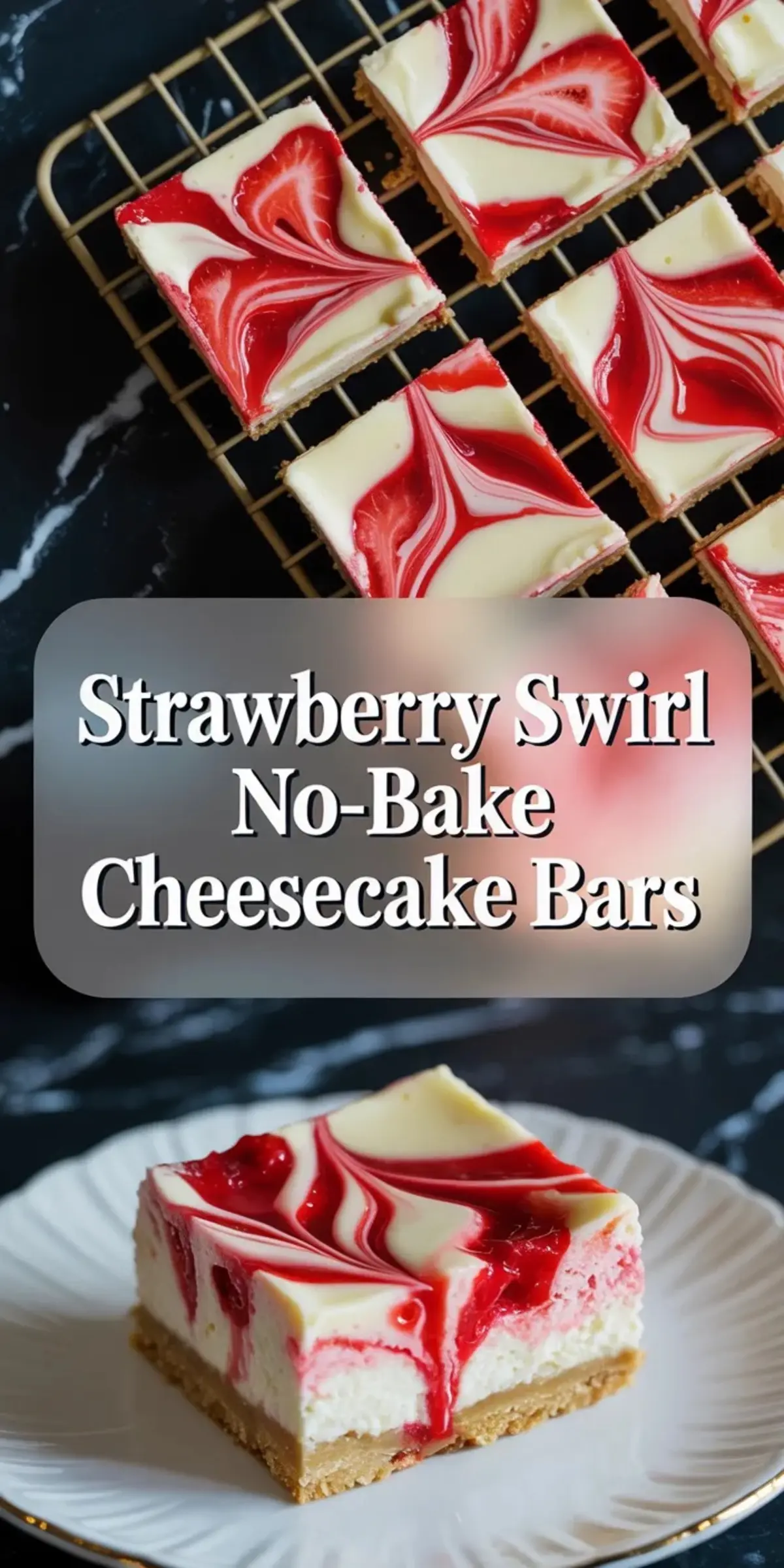 Collage of strawberry swirl no-bake cheesecake bars showing swirled cheesecake bars on a rack and a plated slice with graham crust.
