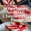 A strawberry swirl no-bake cheesecake bar sits on a white plate with creamy filling, graham crust, and glossy red strawberry swirl on top.