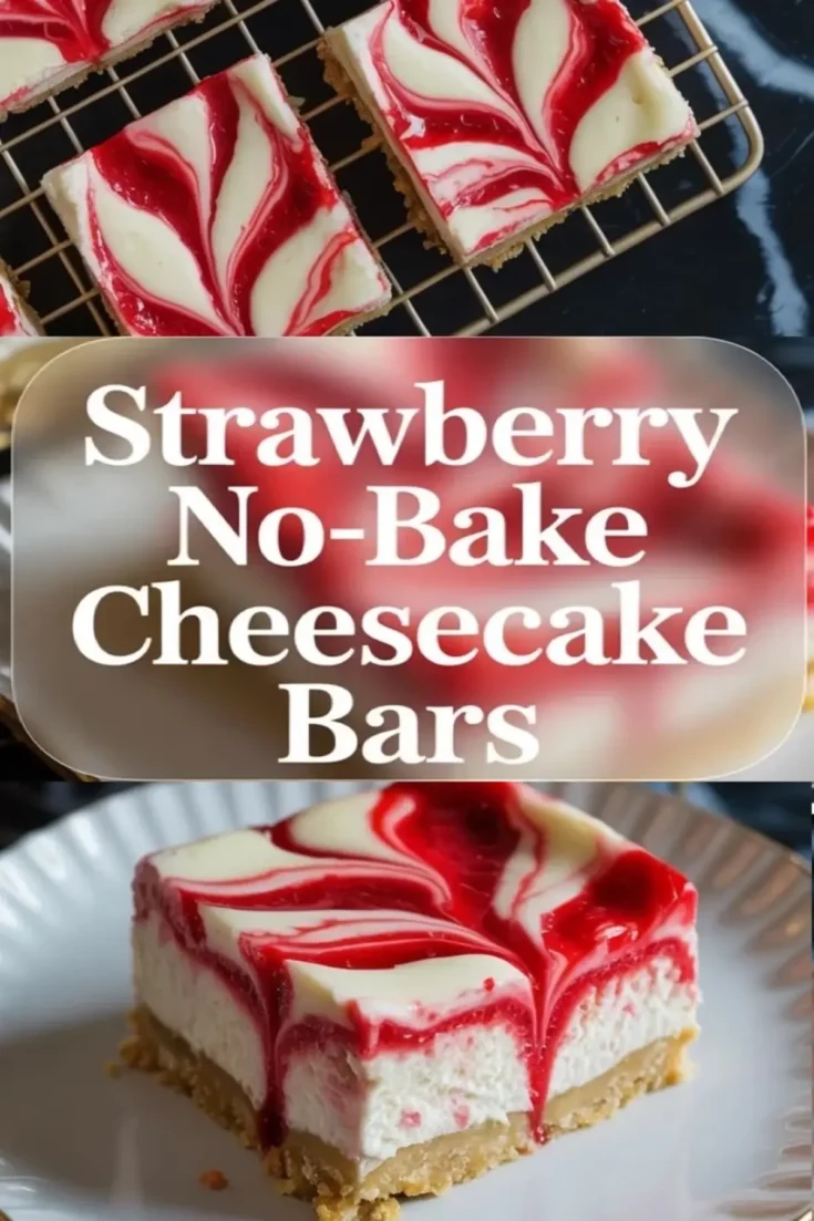 A strawberry swirl no-bake cheesecake bar sits on a white plate with creamy filling, graham crust, and glossy red strawberry swirl on top.