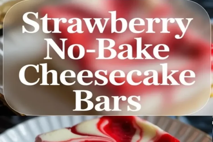 A strawberry swirl no-bake cheesecake bar sits on a white plate with creamy filling, graham crust, and glossy red strawberry swirl on top.