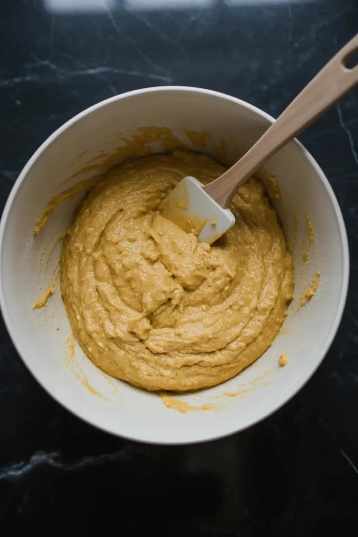 Sweet cornbread muffin batter sits in a white bowl with a spatula after the wet and dry ingredients have been mixed together.