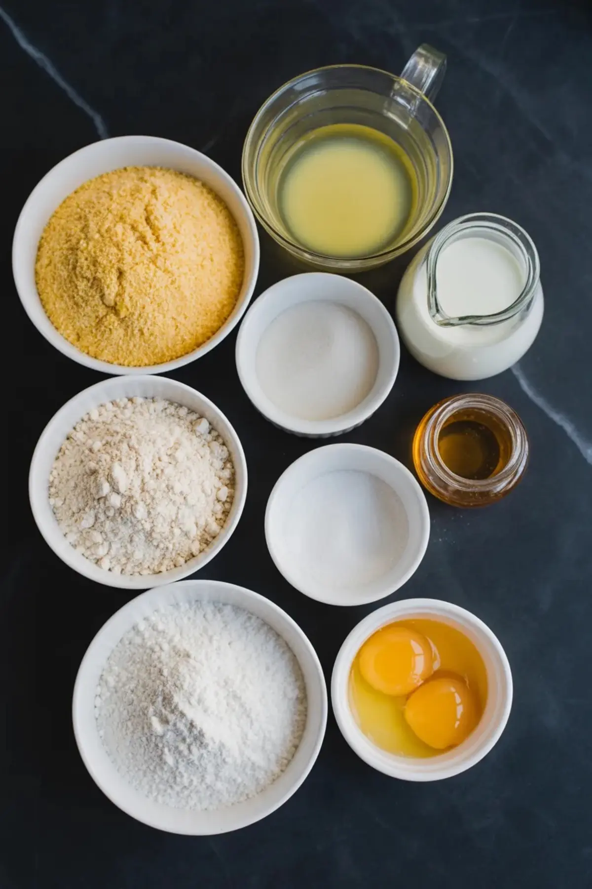 Measured ingredients for sweet cornbread muffins are arranged in bowls with cornmeal, flour, sugar, eggs, milk, melted butter, and honey on a black marble surface.
