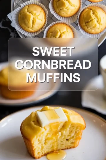 A split sweet cornbread muffin sits on a plate with butter and honey dripping through the center, with more muffins blurred in the background and text overlay above.