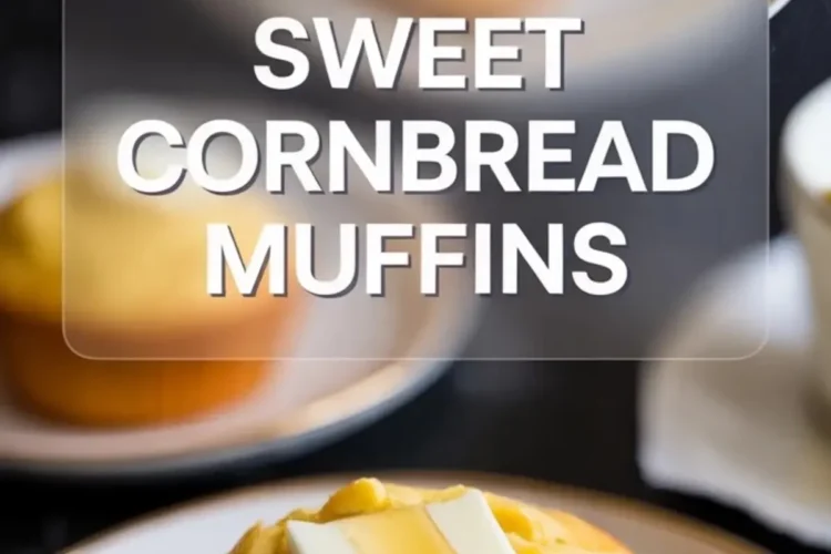 A split sweet cornbread muffin sits on a plate with butter and honey dripping through the center, with more muffins blurred in the background and text overlay above.