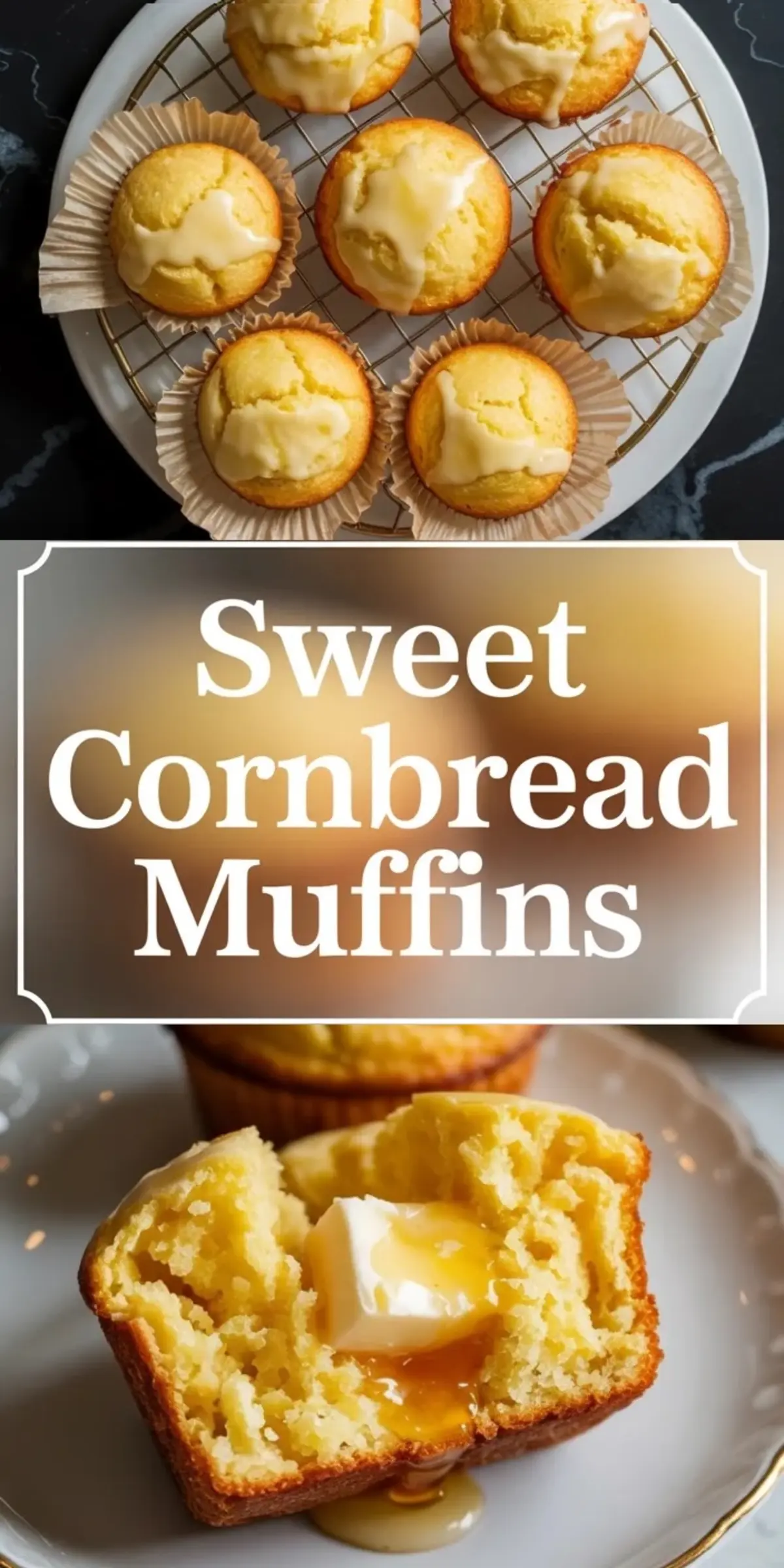 Collage of sweet cornbread muffins showing baked muffins on a cooling rack and a split muffin with butter and honey on a plate.