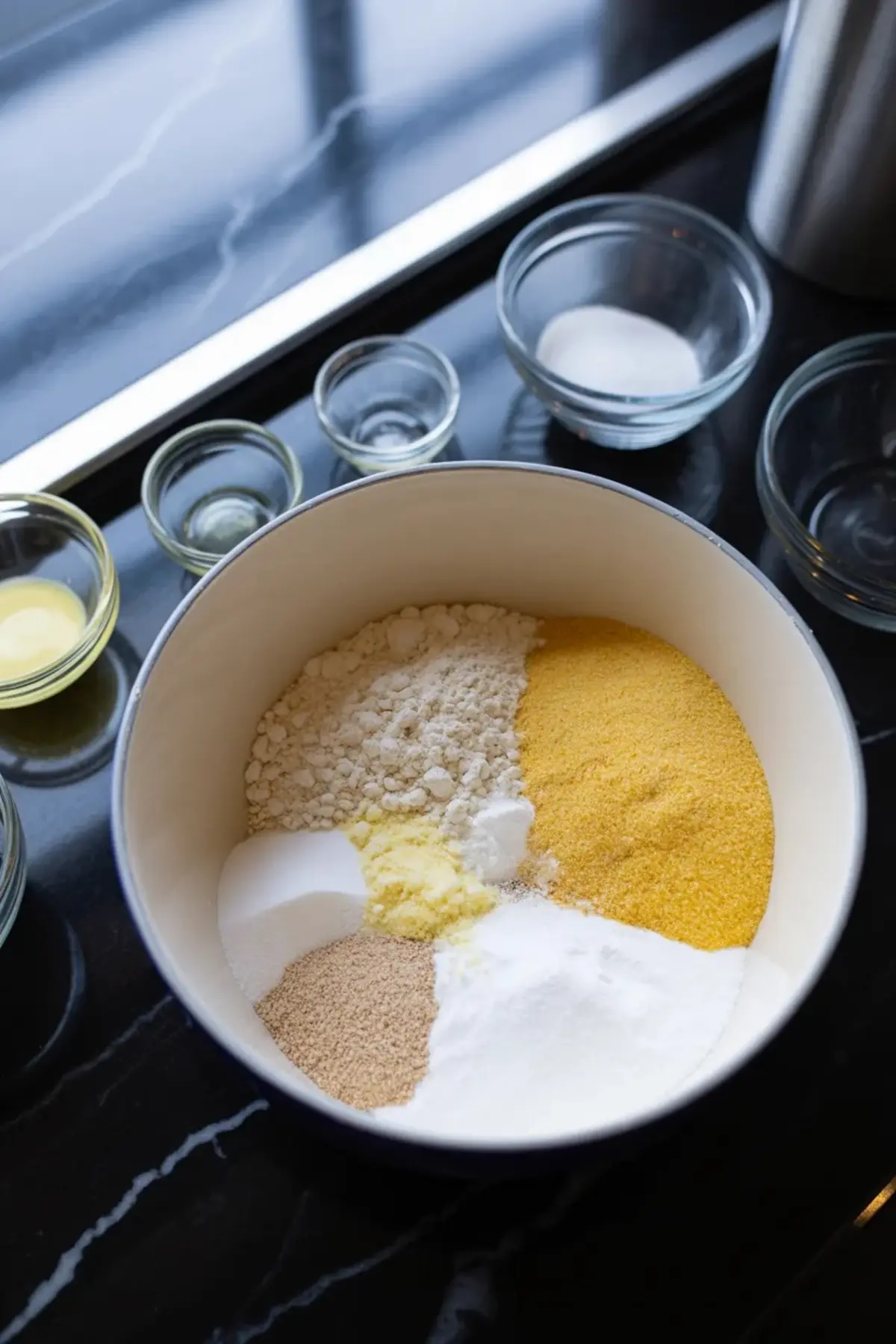 Dry ingredients for sweet cornbread muffins sit in a mixing bowl with cornmeal, flour, sugar, and leavening before whisking.