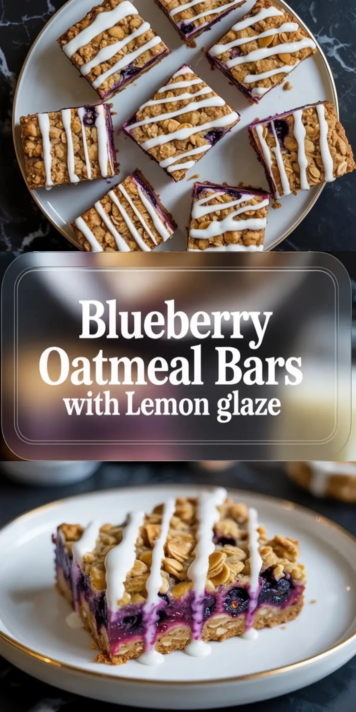 Collage of blueberry oatmeal bars with lemon glaze showing several sliced bars on a plate and one bar on a separate dessert plate.