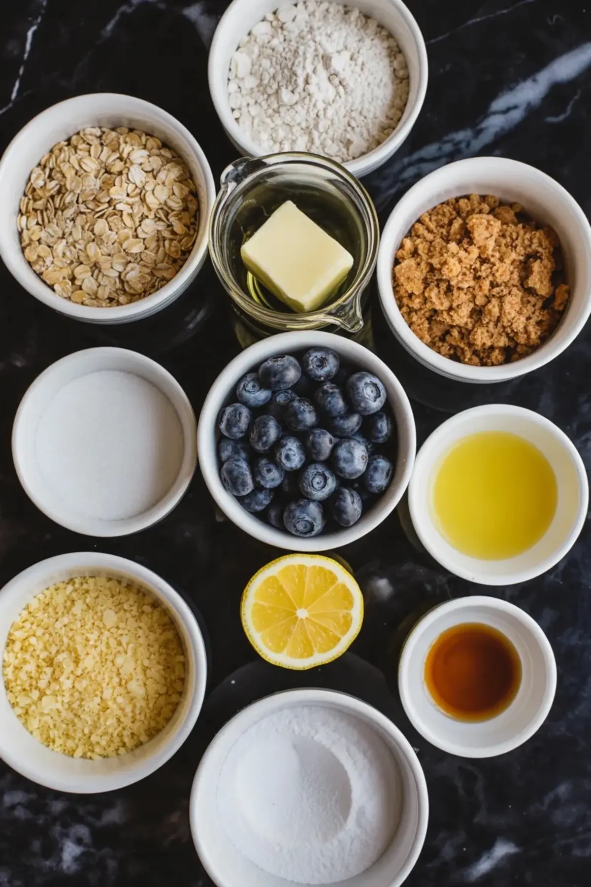 Ingredients for blueberry oatmeal bars with lemon glaze are arranged in bowls with oats, flour, brown sugar, butter, blueberries, lemon juice, lemon zest, vanilla, and powdered sugar.