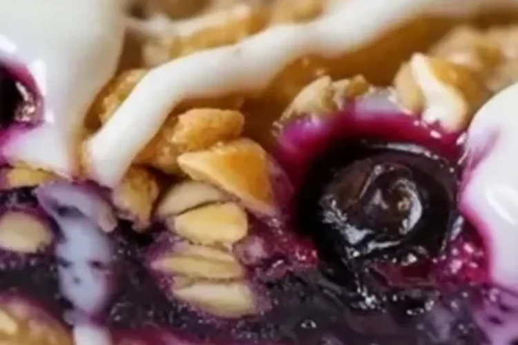 A plated blueberry oatmeal bar with thick lemon glaze shows the jammy blueberry filling, buttery oat topping, and sturdy crumb base.