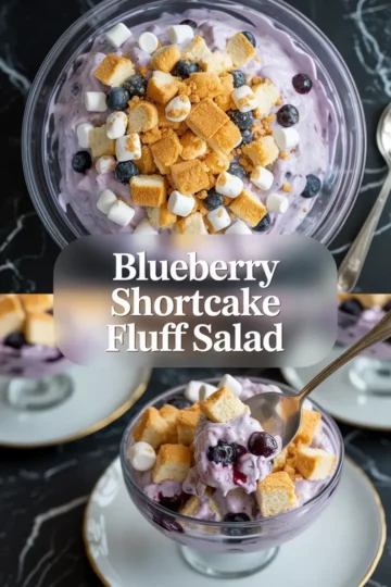 Blueberry shortcake fluff salad is shown in two bowls with creamy purple fluff, blueberries, mini marshmallows, and cake cubes.