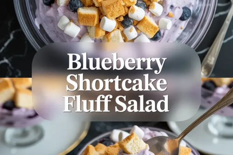 Blueberry shortcake fluff salad is shown in two bowls with creamy purple fluff, blueberries, mini marshmallows, and cake cubes.