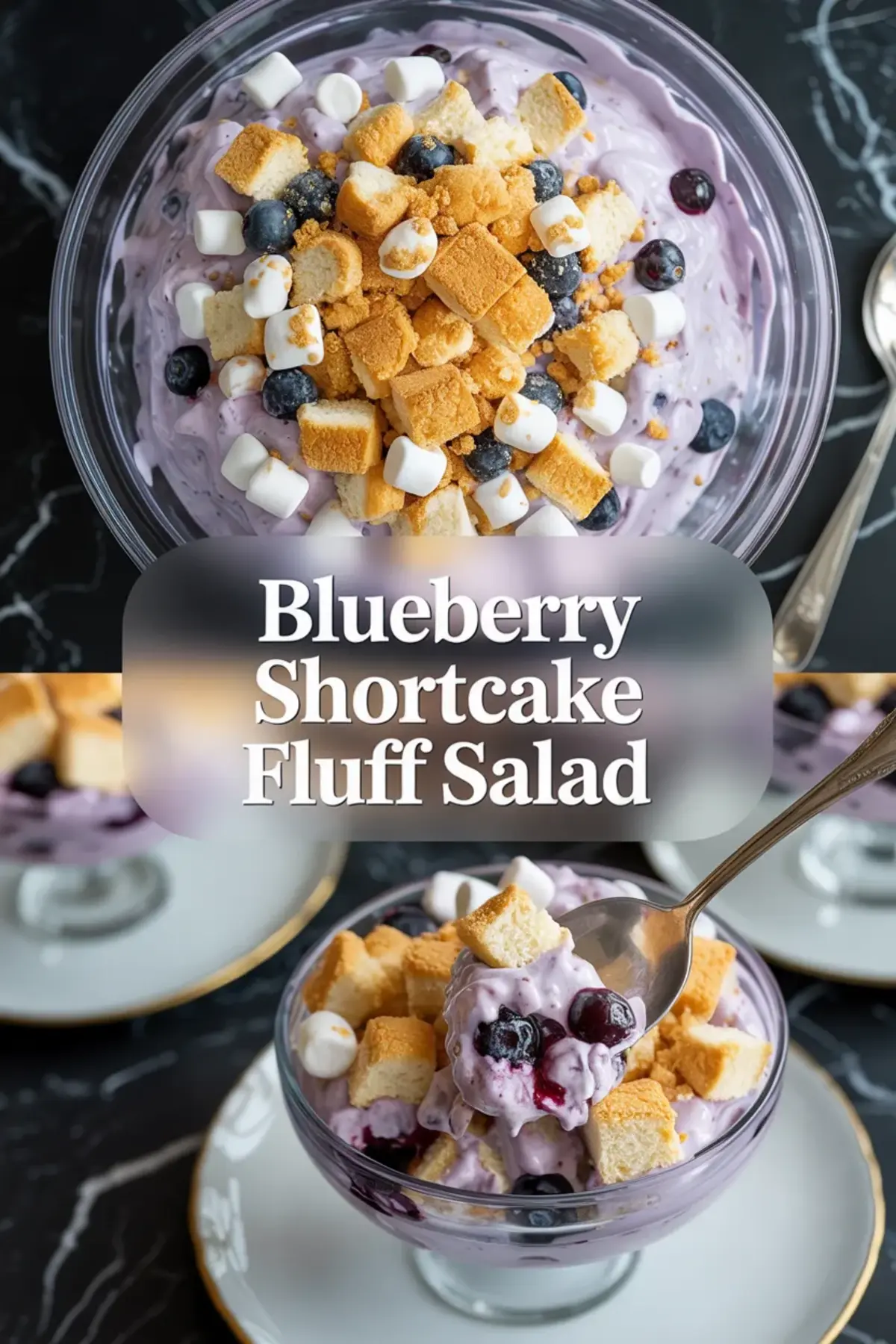 Blueberry shortcake fluff salad is shown in two bowls with creamy purple fluff, blueberries, mini marshmallows, and cake cubes.